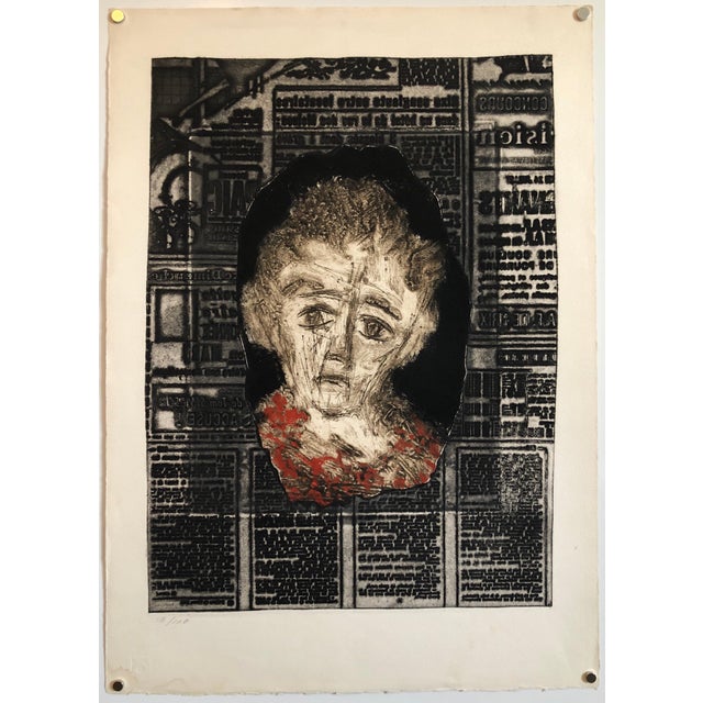 Paint Zvi Milshtein, Portrait of Woman on Typeface French Jewish Surrealist Aquatint Etching Judaica, c.1960s For Sale - Image 7 of 7