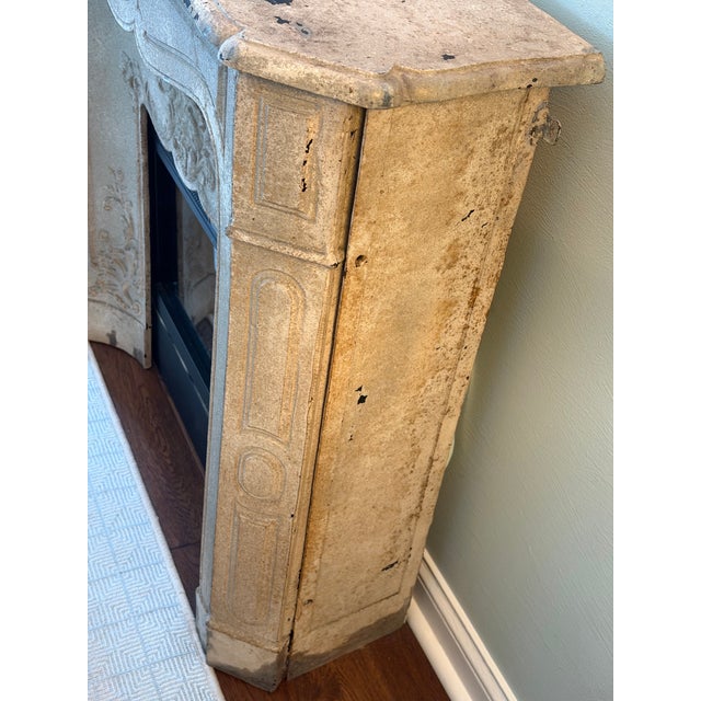 Rococo Antique French Louis XV Style Cast Iron Fireplace Mantel With Rocaille Cartouche, Painted Faux-Stone Finish For Sale - Image 3 of 9
