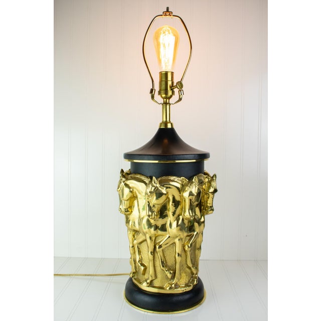 Vintage Original 1983 Sarreid 8 Prancing Horses Brass and Leather Lamp, Black & Gold Ultra Rare Sarreid Ltd table lamp,...