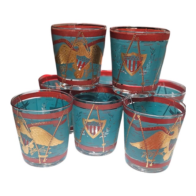 1960s Cera Glasses Featuring an "E Pluribus Unum" Design- Set of 8 For Sale