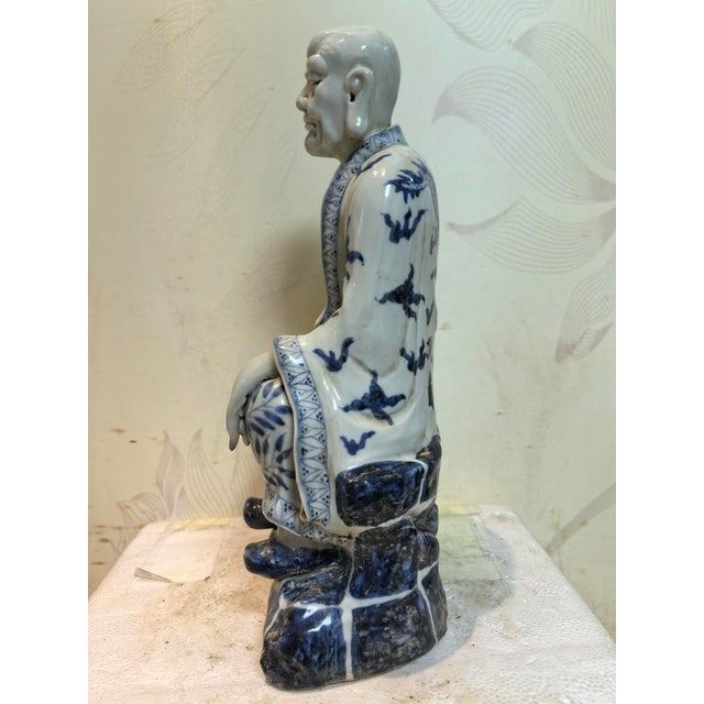 Chinese Vintage Ceramic Buddhist Sculpture,Hand Carved Blue and White Porcelain the Eighteen Arhats Statue For Sale - Image 4 of 7