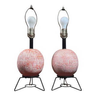 Pair of Modernist Vintage Pink Carved Ceramic Lamps With Wire Stands For Sale