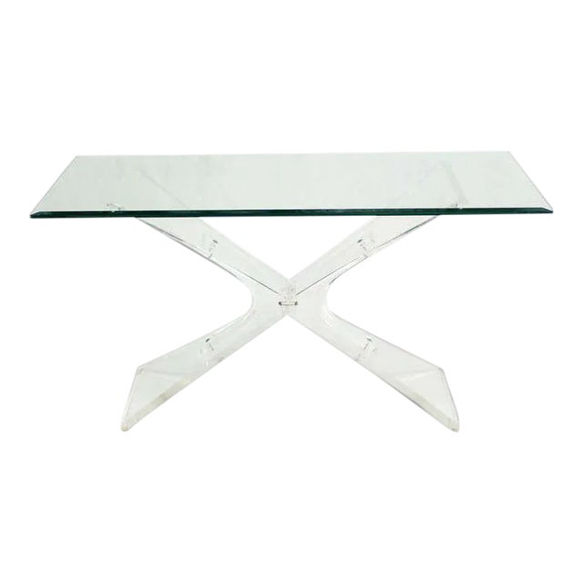 Mid-Century Modern Lucite Base and Glass-Top Console Table For Sale