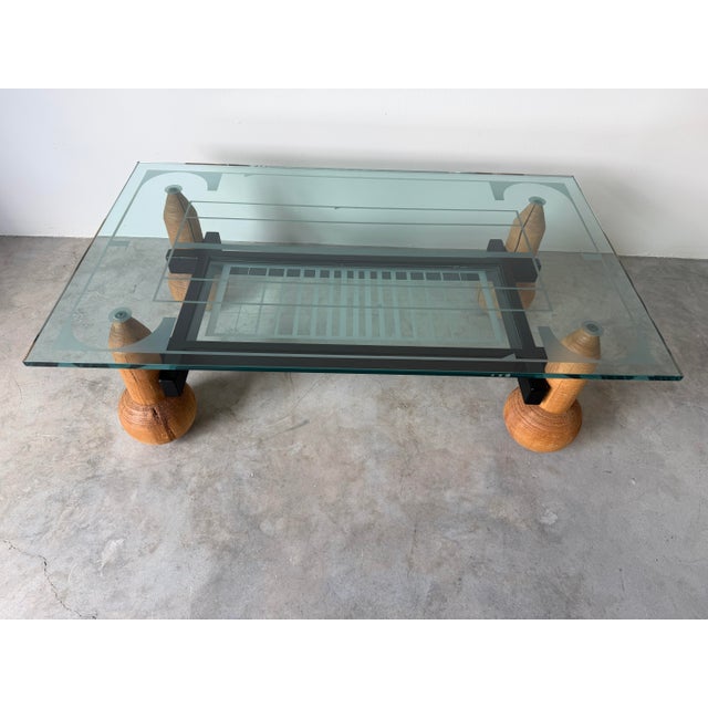 1980s Italian Postmodern Sculptural Turned Wood & Glass Two-Tier Rectangular Coffee Table For Sale - Image 10 of 17