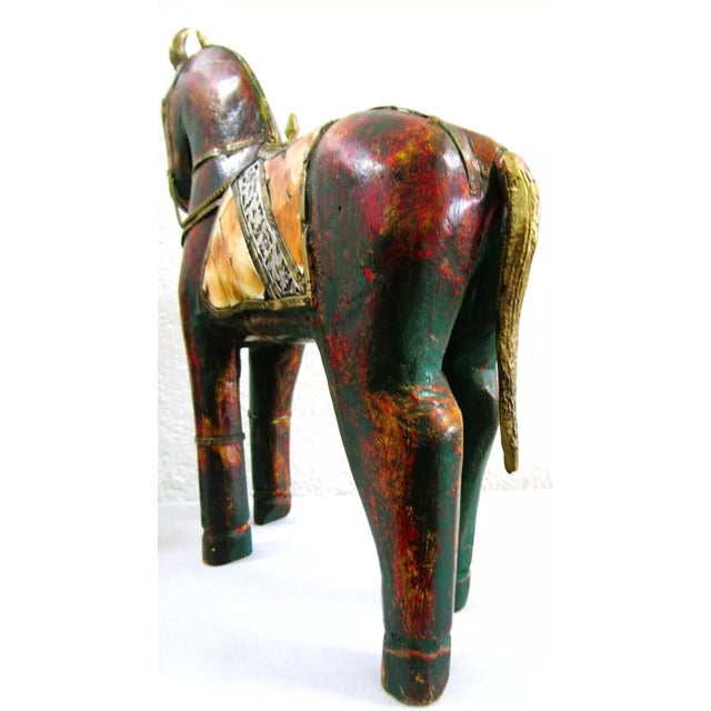 1950s Vintage Pair of Tall Solid Wood Carved Horse Sculptures With Copper and Brass Accents For Sale In Miami - Image 6 of 12