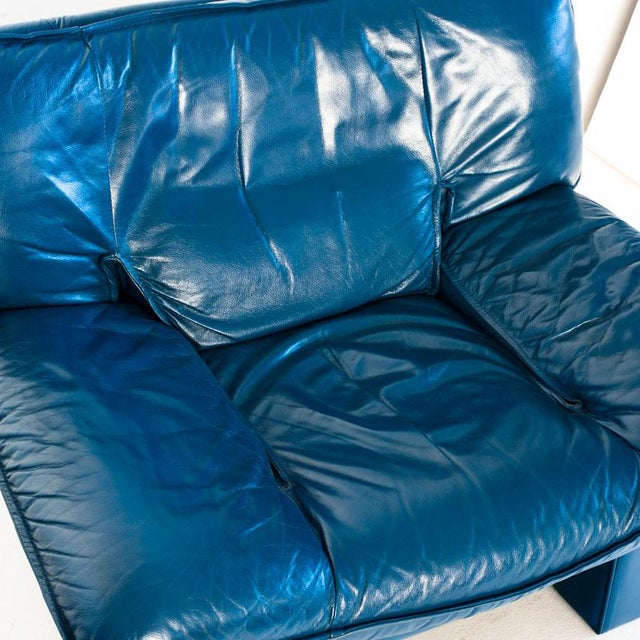 Set of Vintage Blue Leather Armchair and Ottoman by Nicoletti Salotti for Avanti, Italy, 1980s For Sale - Image 15 of 18