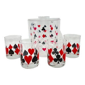 1990s Poker Suit Cocktail Glasses and Ice Bucket - Set of 5