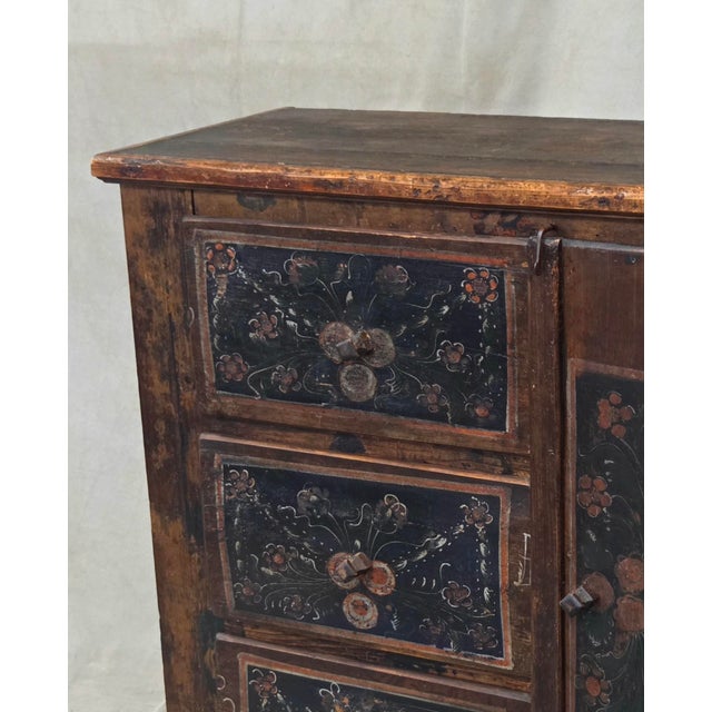 Antique Romanian Folk Painted Pine Cupboard With Drawers and a Door For Sale - Image 4 of 14