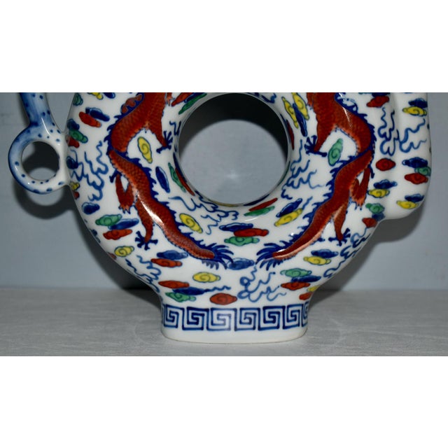 Vintage Chinese Blue & White Dragon Phoenix Donut Hole Pitcher/Teapot For Sale - Image 9 of 12