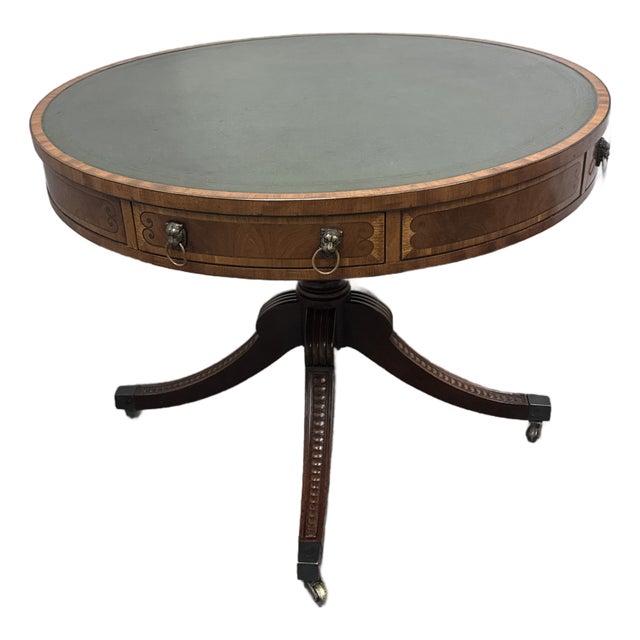 Manor House Round Leather Top Pedestal Table, Mid 19th Century For Sale