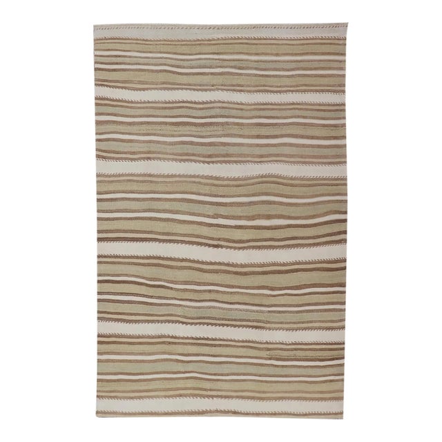 Light Green, Light Brown, Tan and Taupe Vintage Turkish Striped Kilim Rug For Sale