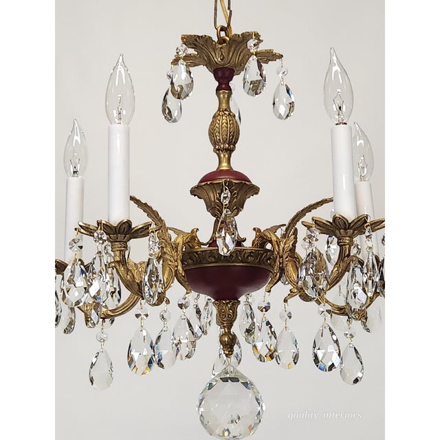 Antique 5 Arm Petite Oxblood Empire Brass Cut Lead Glass Crystal Chandelier For Sale - Image 12 of 18
