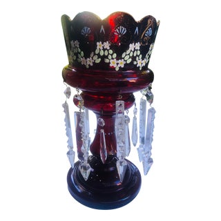 Antique 19th Century Victorian Cranberry Mantle Lamp With Hanging Crystals For Sale
