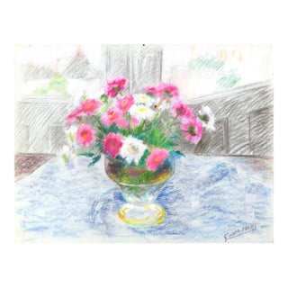 Fleurs dans un Vase- Original Oil Pastel Drawing by G. Halff - Late 20th Century Late 20th Century For Sale