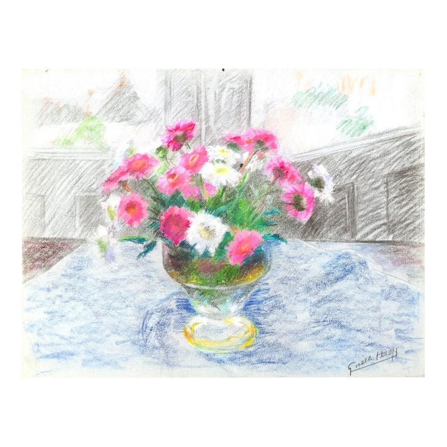 Fleurs dans un Vase- Original Oil Pastel Drawing by G. Halff - Late 20th Century Late 20th Century For Sale