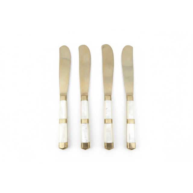 Mother of Pearl & Brass Thailand Flatware Small Spoon Fork & Knife Set of 15 For Sale In Portland, OR - Image 6 of 9