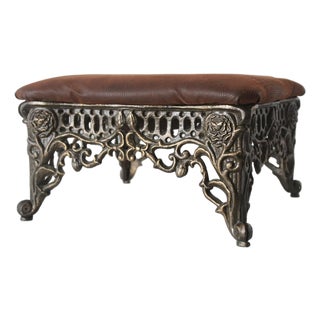 Large Vintage Victorian Style Cast Iron Bronze Finish Footstool Padded Faux Croc Fabric Top For Sale