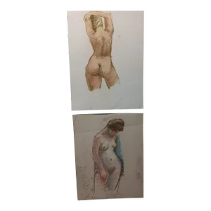Expressionist Nude Pastel Drawing by Marcia Bouton 1970s - a Pair