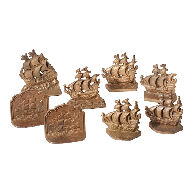 Collection of 8 Vintage Cast Iron Bookends - Sailing Ships For Sale