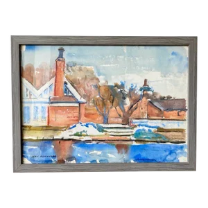 Mid-Century Modern Swedish "The Waterway" Vintage Landscape Watercolour Painting, Framed