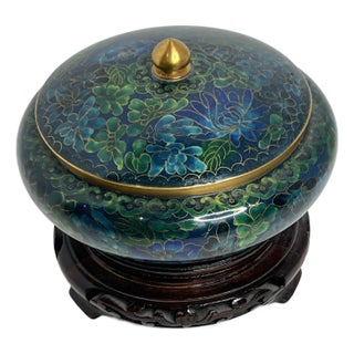 Vintage Cloisonné Lidded Ginger Jar on Pierced Wood Stand For Sale