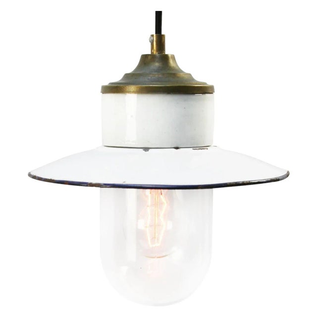 Vintage Industrial White Enamel, Brass, Porcelain & Clear Glass Pendant Light For Sale - Image 6 of 6
