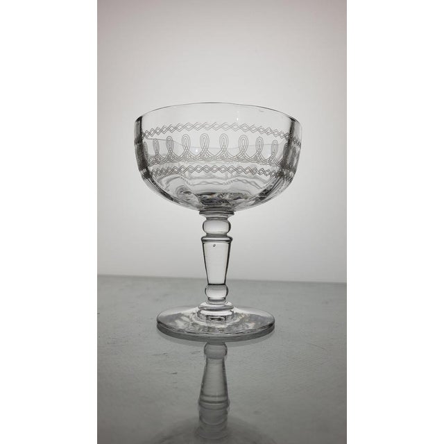 1920s Vintage Engraved Crystal Champagne Glasses, 1920s, Set of 7 For Sale - Image 5 of 11