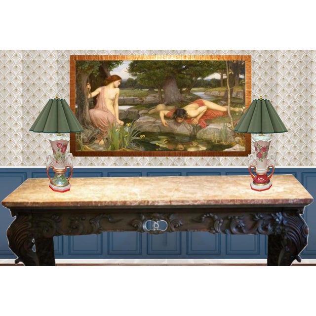 Mid-Century Floral Swan Handle Porcelain Table Lamps - A Pair For Sale - Image 9 of 11