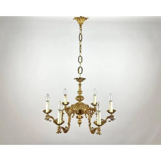 Vintage French Gilt Brass 6-Arm Chandelier, 1960s For Sale - Image 3 of 11