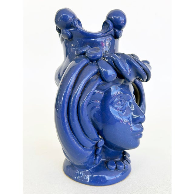 Sicilian Caltagirone Blue Glazed Ceramic Pottery Figurative Vase, Signed For Sale - Image 4 of 11