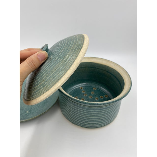 Vintage Studio Pottery Covered Berry Bowl With Lid and Drip Plate, Blue Green Ceramic Colander, Signed Handmade Produce Keeper For Sale In Los Angeles - Image 6 of 13