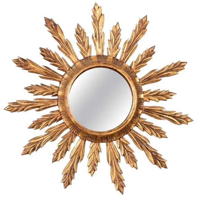 Mid-Century French Modern Gilded Wood Sunburst Wall Mirror, 1950s For Sale - Image 13 of 13