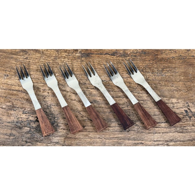Mid-Century Modern Mid Century Teak Handle Stainless Steel Forks - Set of 6 For Sale - Image 3 of 5