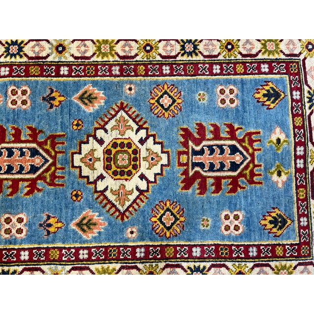 Blue and Burgundy Kazak Wool Runner Rug, Tribal Hallway Rug, 2'9" X 13'1" For Sale - Image 6 of 15