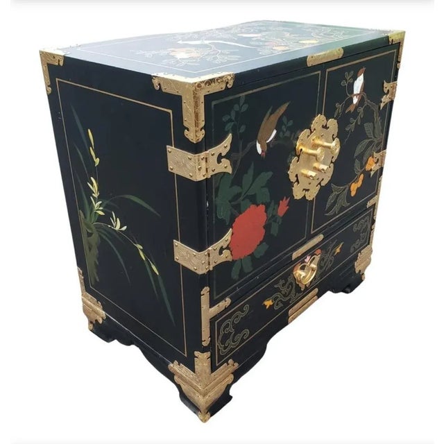 Black Chinoiserie Hand Painted Black Lacquered Cabinet For Sale - Image 8 of 10