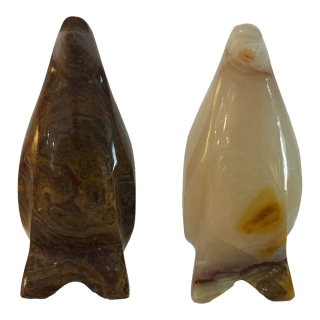 Vintage Hand-Carved Translucent Stone Penguin Figurines — Pair 2.25” Tall For Sale