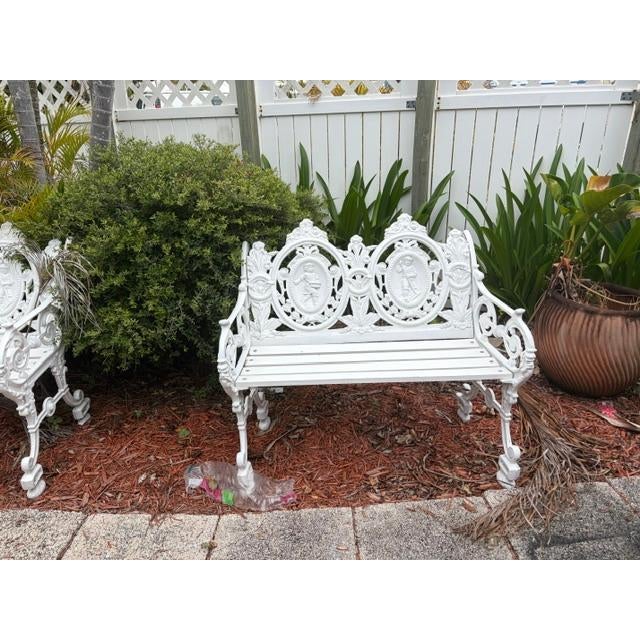Pair of White Antique Style Cast Iron Figural Seasons Garden Bench For Sale - Image 4 of 9
