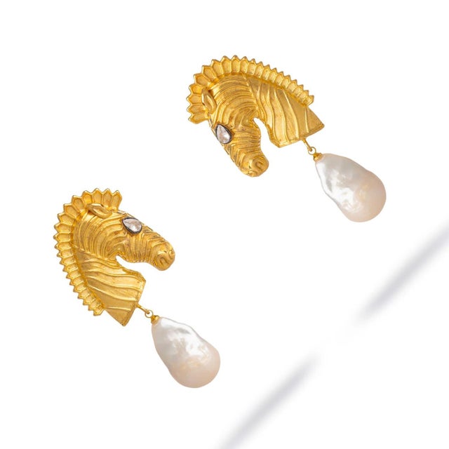 Metal Majestic Horse & Baroque Pearl Gold Statement Earrings, A Pair For Sale - Image 7 of 9