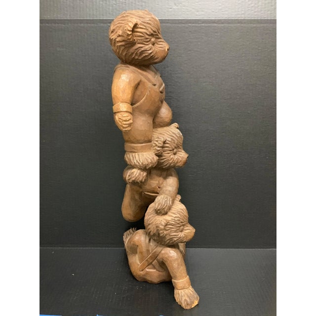 Brown Vintage Carved Solid Wood Three Acrobatic Teddy Bear Sculpture For Sale - Image 8 of 11