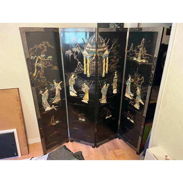 Shell Mid-20th Century Chinese Black Lacquer 4-Panel Room Divider Screen With Carved Soapstone & Mother-of-Pearl Inlay For Sale - Image 7 of 9