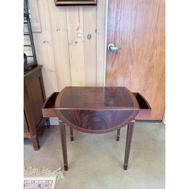 Late 20th Century Inlaid Mahogany Drop Leaf Accent Table With Dual Drawers For Sale - Image 9 of 11