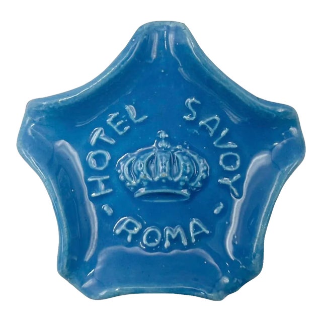 Vintage Hotel Savoy Roma Ashtray Rome, Italy Blue Ceramic Dish Trinket Catchall For Sale