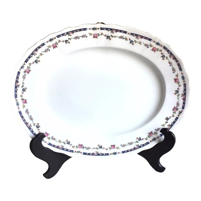 Antique Furstenberg Germany Blue Pink Floral Gold Accent Scalloped Edge Platter For Sale