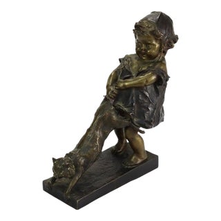 Antique Juan Clara 1st Edition Bronze Figure “Toddler With Cat” Signed C1900 For Sale