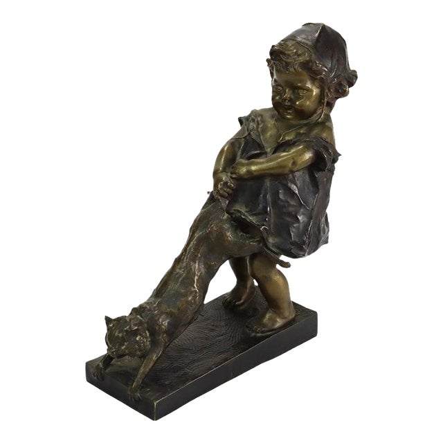 Antique Juan Clara 1st Edition Bronze Figure “Toddler With Cat” Signed C1900 For Sale