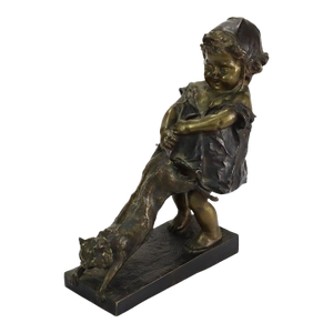 Antique Juan Clara 1st Edition Bronze Figure “Toddler With Cat” Signed C1900