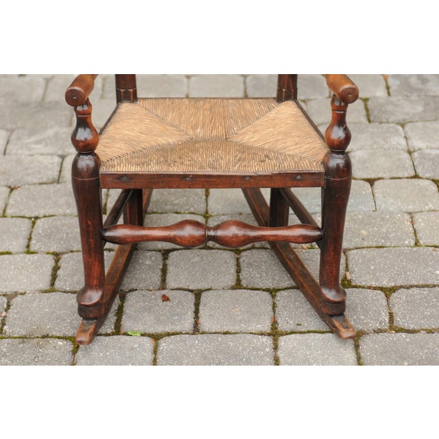 English 1800s Georgian Period Plum Wood Child's Rocking Chair with Rush Seat For Sale - Image 9 of 11