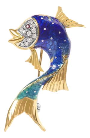 18K Yellow Gold and Blue Enamel Diamond and Pink Sapphire Fish Brooch Pin (H-I Color, VS2-SI1 Clarity)