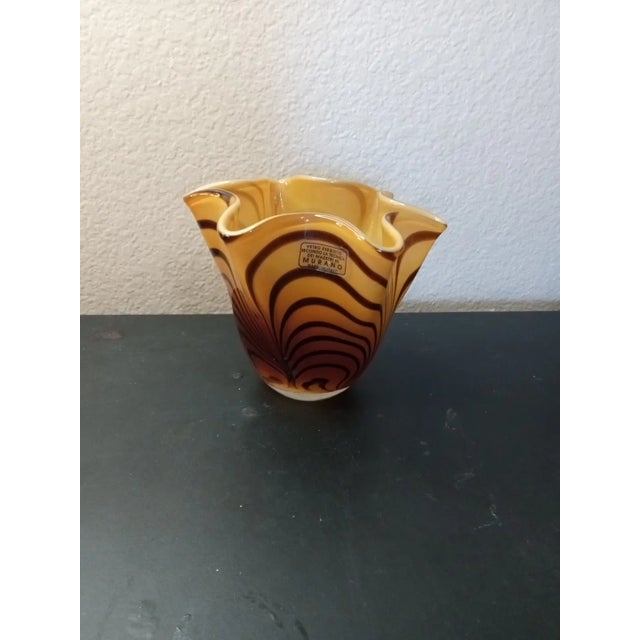 Italian 1980s Striped Murano Art Glass Italy Ruffled Handkerchief Vase For Sale - Image 3 of 7