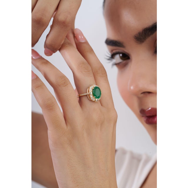 Not Yet Made - Made To Order Mid 1920s Style 3.27Carats Oval Emerald Diamond 14k Gold Art Deco Ring Size 4 For Sale - Image 5 of 18